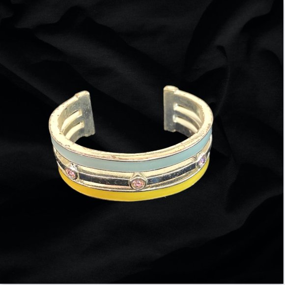 Metal Wrist Cuff in Blue, Yellow, and Silver with Pink Rhinestones - Picture 3 of 8